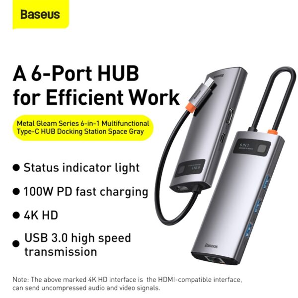 Baseus GamerX Series 6-Port Type C HUB Space Grey Type C to HDMI4K@60Hz*1+USB3.0*3+PD*1+RJ45*1 - Image 8