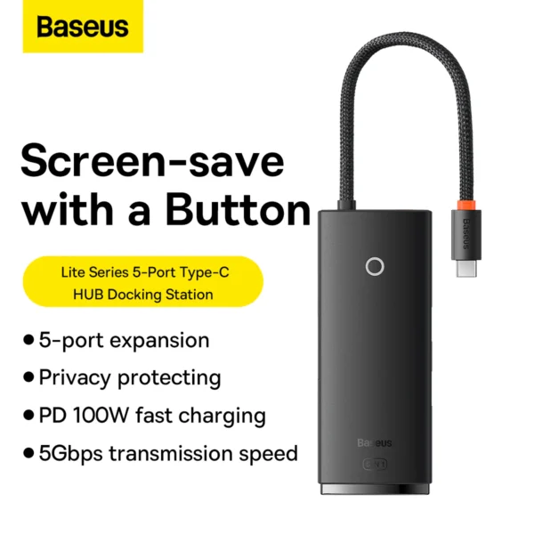 Baseus Lite Series 5-Port Type-C HUB Docking Station - Black - Image 2