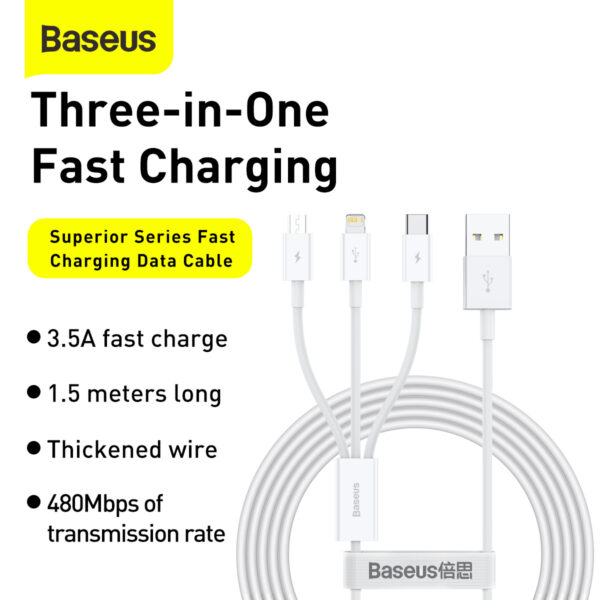 Baseus Superior Series Fast Charging Data Cable USB to M+L+C 3.5A 1.5m White - Image 6
