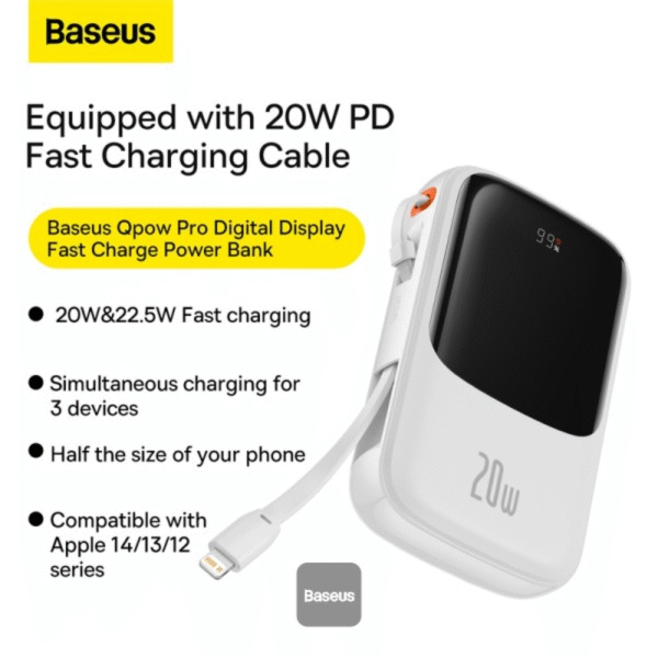 Baseus Qpow Pro Digital Display Fast Charge Power Bank 10000mAh 20W iPhone Edition Black With: Simple charging cable Type-C 3A 0.3m White - Image 4