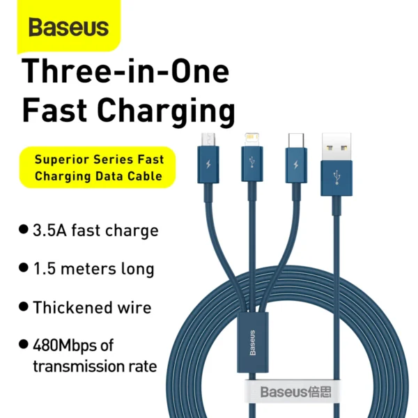 Baseus Superior Series Fast Charging Data Cable USB to M+L+C 3.5A 1.5m - Image 6