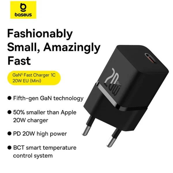 Baseus GaN5 Fast Charger(Mini) 1C 20W EU Cluster Black(With: Baseus Dynamic 3 Series Fast Charging Data Cable Type C to Type C 100W 1m Cluster Black) - Image 7