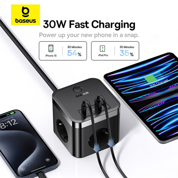 Baseus PowerCombo Cube Power Strip 3AC+2U+2C 30W 1.5m EU - Cluster Black - Image 3