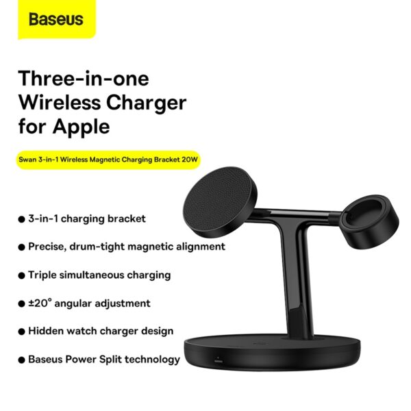 Baseus Swan 3-in-1 Wireless Magnetic Charging Bracket 20W Black Universal version （ Include：USB For type-C 3A 1m） - Image 6