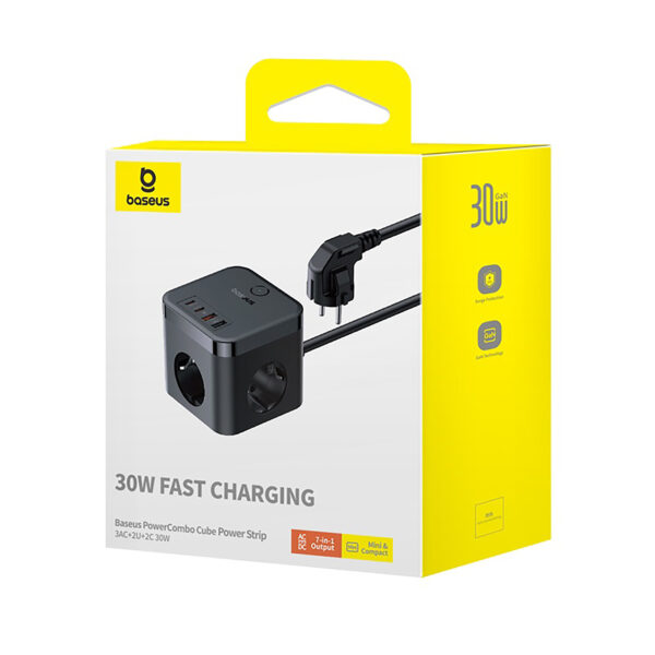 Baseus PowerCombo Cube Power Strip 3AC+2U+2C 30W 1.5m EU - Cluster Black - Image 6