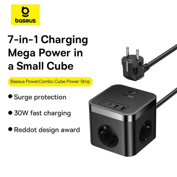 Baseus PowerCombo Cube Power Strip 3AC+2U+2C 30W 1.5m EU - Cluster Black - Image 7