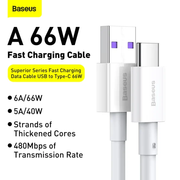 Baseus Superior Series Fast Charging Data Cable USB to Type-C 66W 1M White - Image 6