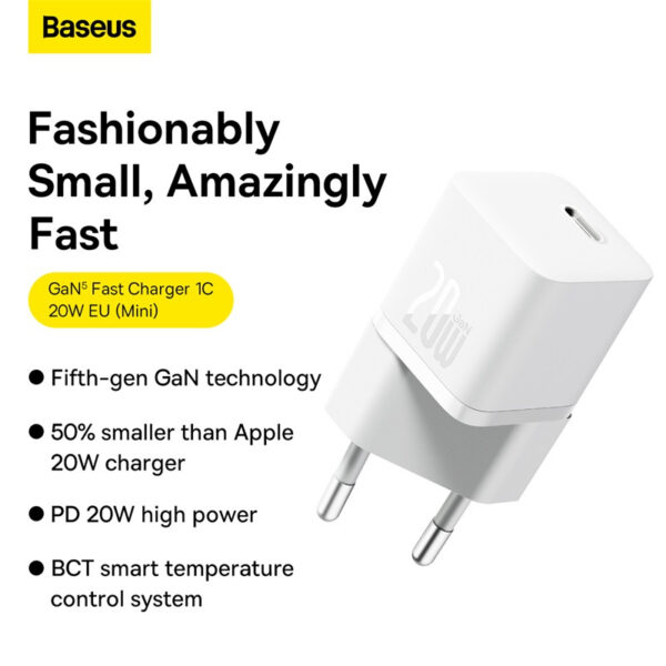 Baseus GaN5 Fast Charger(Mini) 1C 20W EU Moon White(With: Baseus Dynamic 3 Series Fast Charging Data Cable Type C to Type C 100W 1m Moon White) - Image 7