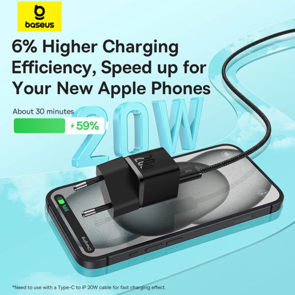 Baseus GaN5 Fast Charger(Mini) 1C 20W EU Cluster Black(With: Baseus Dynamic 3 Series Fast Charging Data Cable Type C to Type C 100W 1m Cluster Black) - Image 3