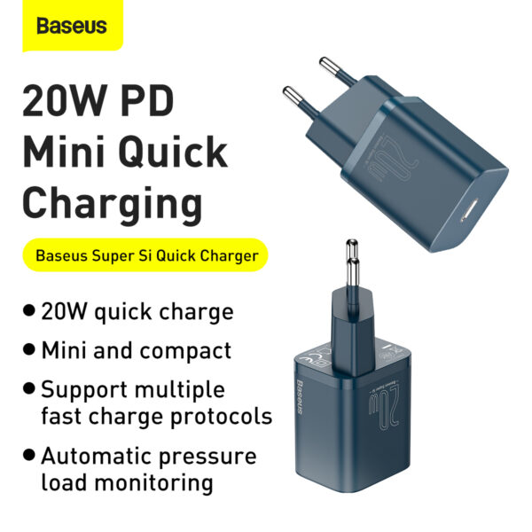 Baseus Super Si Quick Charger 1C 20W EU Sets Blue（With Superior Series Fast Charging Data Cable Type-C to iP PD 20W 1m Blue） - Image 7