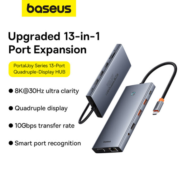 Baseus PortalJoy Series 13-Port  HUB Space Grey （Type-C to HDMI4K@60Hz*2+DP4K@120Hz*1+VGA*1+USB3.1*2+Type-C3.1*1+USB2.0*1+PD*1+RJ45*1+SD/TF*1+3.5mm*1) - Image 7