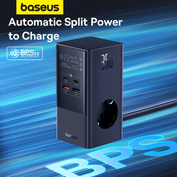Baseus PowerCombo Tower Digital PowerStrip 3AC+2U+2C 35W with 1.5m Power Cord EU Cluster Black - Image 3