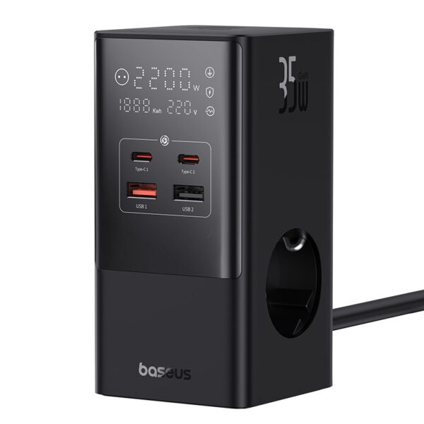 Baseus PowerCombo Tower Digital PowerStrip 3AC+2U+2C 35W with 1.5m Power Cord EU Cluster Black - Image 7
